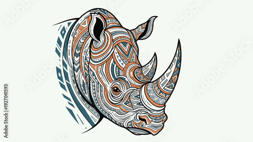 Colorful mandala style illustration of a rhinoceros head with complex patterns and textures in earthy and teal tones for art.