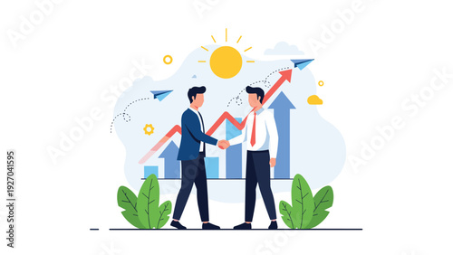 Professional businessmen shaking hands in front of a rising growth chart representing a successful partnership and a business deal.