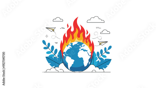 Conceptual illustration of planet earth engulfed in flames representing global warming, climate change, and environmental crisis.
