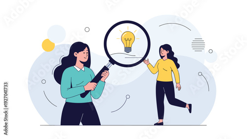 Two women collaborating to find a creative idea while one uses a giant magnifying glass to look at a glowing light bulb icon.