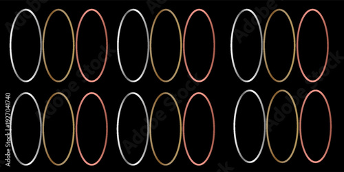 Gold, silver and bronze circle frames. First, second and third place medals isolated on black background. Blank metal ring, button, stamp, emblem, sticker, label. Abstract 3d vector illustration.