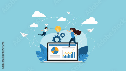 People interacting with a laptop showing financial charts and a glowing light bulb representing data analysis and creative solutions.