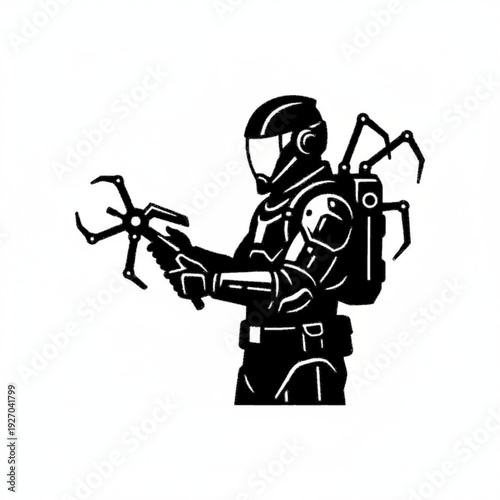 Futuristic Cybernetic Soldier Silhouette with Advanced Robotic Exoskeleton Gear
