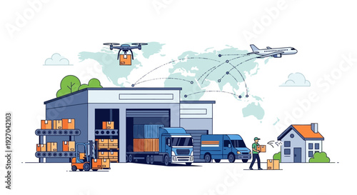 Modern logistics and delivery network illustration.