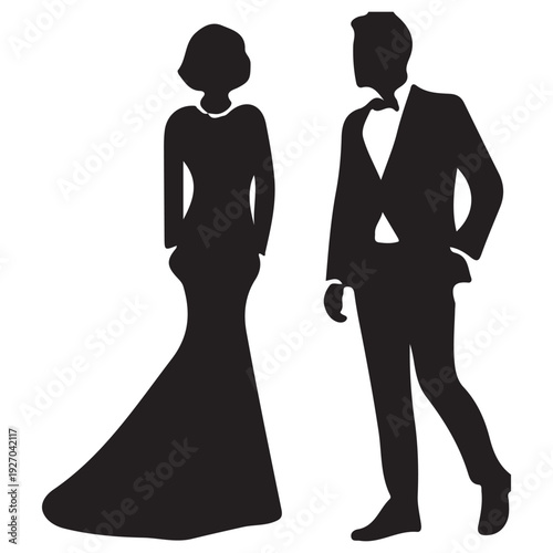 Black Silhouettes of Elegant Man and Woman in Formal Attire