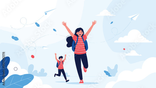 Joyful young boy and girl with backpacks running excitedly in a sky full of clouds representing freedom and school days.