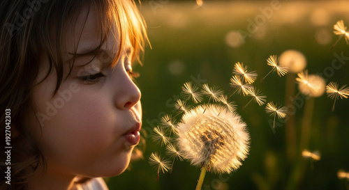 Child blowing dandelion seeds with joy in a field during sunset