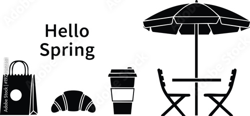 Minimalist black silhouette vector art of outdoor cafe table umbrella with two chairs next to coffee cup croissant and shopping bag with hello spring text