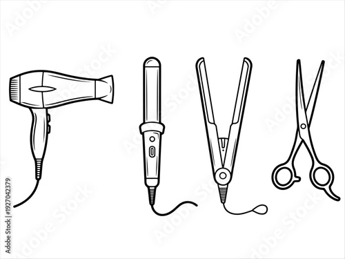Black‑and‑white line drawing of hair dryer, curling iron, flat iron, and scissors, essential hairstyling tools for salons, grooming, or personal care design projects