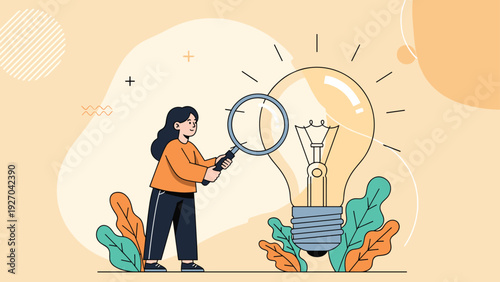 Creative woman examining light bulb through magnifying glass to discover new ideas and innovative solutions for business development goals.