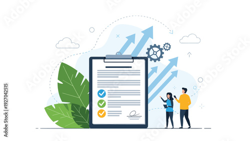 Business partners standing next to giant checklist with green checkmarks and upward arrows symbolizing successful project completion and goals.