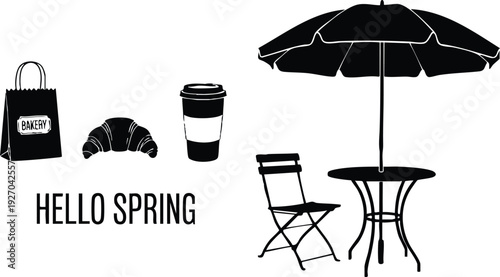 Minimalist black and white vector art of coffee cup croissant bakery bag outdoor table umbrella and chair with hello spring text