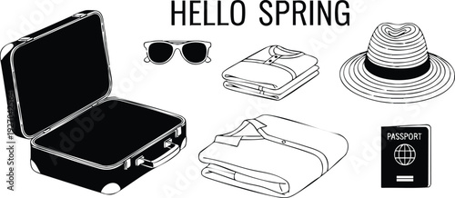 Monochrome minimalist vector art of open suitcase with sunglasses folded shirts passport and summer hat under hello spring text for travel preparation and vacation theme