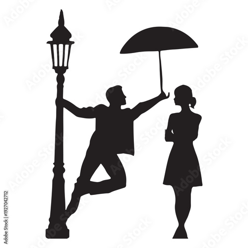 Stylized Black Silhouette of Man with Umbrella and Woman Next to Lamppost