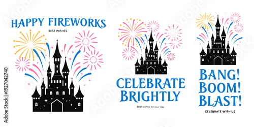USA, US, U.S, United States - Flat Fireworks Over Castle SVG Set – Festive Princess Castle Night Sky Vector Banner, Modern Celebration Card Design, Editable Cricut Cut File for Flyer, Poster & Party 
