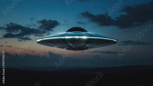 Wallpaper Mural Futuristic ufo at dusk: luminous craft hovering against evening sky. Torontodigital.ca