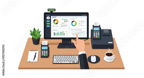 Modern Office Desk Setup with Computer and Financial Data.