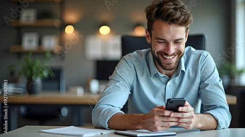 Wallpaper Mural Smiling young Caucasian man using smartphone in modern office. Torontodigital.ca