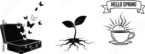 Minimalist black silhouette suitcase with butterflies flying out sprouting plant with detailed roots steaming cup with hello spring text banner simple vector art