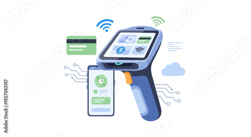 Mobile POS Scanner and Smartphone Integration Vector. Digital Retail Payment Processing, Wireless Transaction Technology, and Inventory Management System.