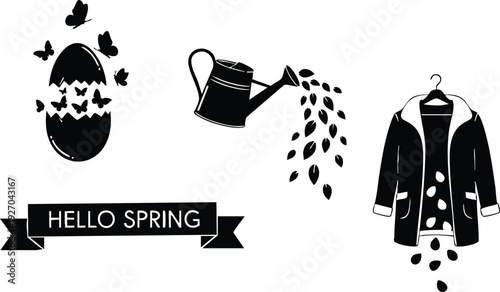 Black silhouette spring elements including cracked egg with flying butterflies watering can pouring leaves and coat with falling petals with hello spring banner