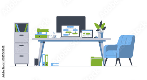 Modern Office Desk Setup with Technology and Furniture.