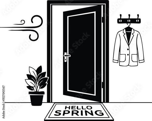 Minimalist black and white vector art open door with welcome mat saying hello spring indoor plant and coat hanger on wall with jacket wind blowing inside