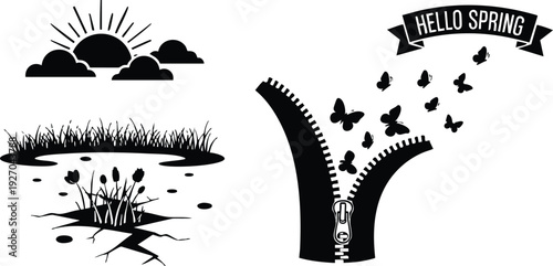 Minimalist black silhouette vector art of sunrise over grass and cracked ground and zipper opening releasing butterflies with hello spring banner above
