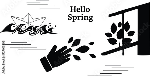 Minimalist black silhouette paper boat waves hand tossing leaves near open window with text hello spring seasonal design
