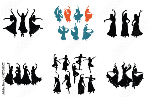 Indian dance silhouette vector collection. Includes 6 sets of female dancers in various traditional poses, with 5 sets in black and 1 set in teal and orange.