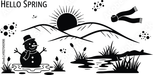 Minimalist black and white vector art of melting snowman with scarf sunrise over hills and water plants scene hello spring greeting text