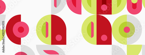 Geometric pattern features overlapping circles, semicircles. Colors include red, lime, pink, gray. Design appears seamless, repeating.