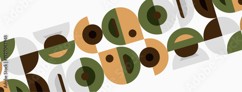 Abstract pattern features repeating circles, squares, rectangles. Earthy tones dominate design, creating retro aesthetic. Simple shapes form cohesive visual rhythm.