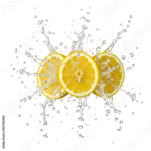 Fresh lemon slices splashing in water refreshing citrus juice