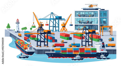 Modern Shipping Port with Cargo Ships and Cranes.