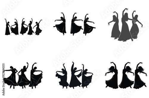 Belly dance silhouette icon collection. Includes dancers in various poses, group formations, and flowing costumes. Created in solid black style with monochrome palette.