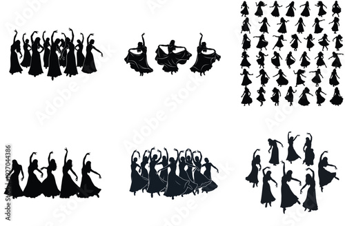 Flamenco dancer silhouette collection. Includes individual dancers, duos, and groups in various poses. Created in solid black vector style.