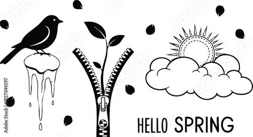 Minimalist black and white vector art of melting ice bird perched zipper with leaf opening and hello spring text with sun behind clouds and falling leaves design