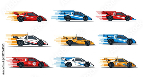 Racing cars speeding across the track with motion blur effect, side view.