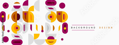 Abstract geometric shapes, circles, rectangles, lines. Soft colors create modern background design. Minimalist aesthetic.