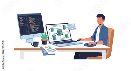 Programmer working on database architecture on laptop.