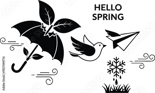 Minimalist black and white vector art showing umbrella with leaves flying bird paper airplane snowflake melting grass with hello spring text flat design seasonal nature icons