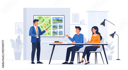 Real Estate Agent Presenting Property Options to Couple.