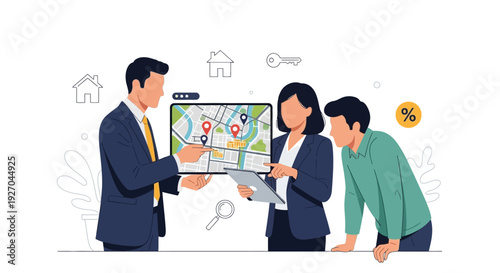 Real estate agents showing property map to clients.