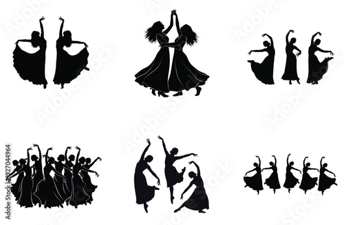Dance silhouette vector collection. Includes groups of women dancing in various poses and styles. Created in solid black silhouette style with a monochrome palette.