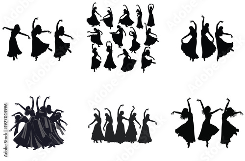 Indian classical dance silhouette collection. Includes Bharatanatyam, Kathak, Odissi, Kuchipudi, Manipuri, Mohiniyattam, and Sattriya poses. Created in solid black silhouette style.