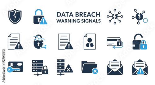 Vector Icons for Data Breach Warning Signals, Cyber Security Threats, and Digital Vulnerabilities