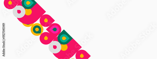 Colorful geometric shapes cascade diagonally across white background. Circles, squares, triangles create playful visual pattern.