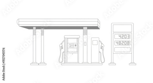 Gas station sketch with fuel pumps and price display, simple line art.