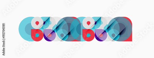 Abstract geometric shapes overlap, creating colorful patterns. Circles, curves, red, blue hues dominate composition. Minimalist design.